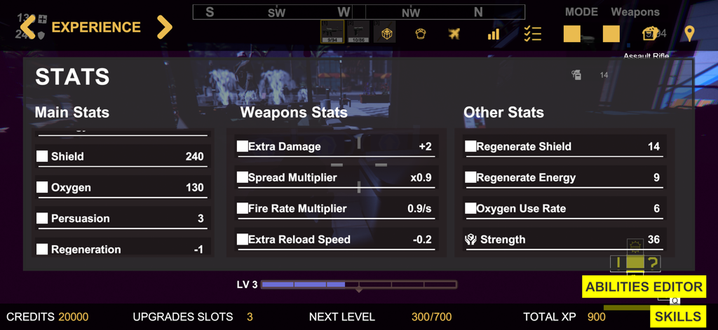 Character stats and attributes menu in The Mutiny survival game