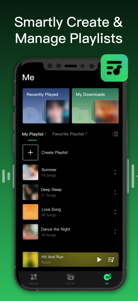 Captura de pantalla de la aplicación Sound Music que muestra la sección Yo con opciones para crear y administrar listas de reproducción de música personal y ver descargas.