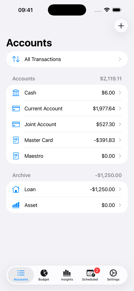 Indigo Money mobile app displaying various financial accounts like cash and credit cards with their current balances.