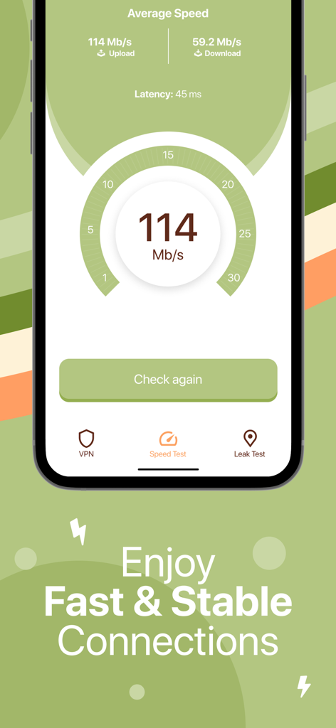 Interface of SoftShield VPN app showing an internet speed test result with upload and download metrics