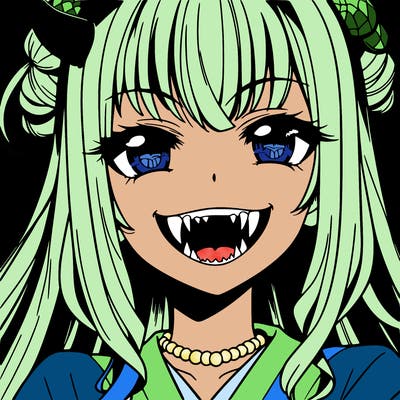 anime girl, vampire teeth,demon slayer themed, evil smile