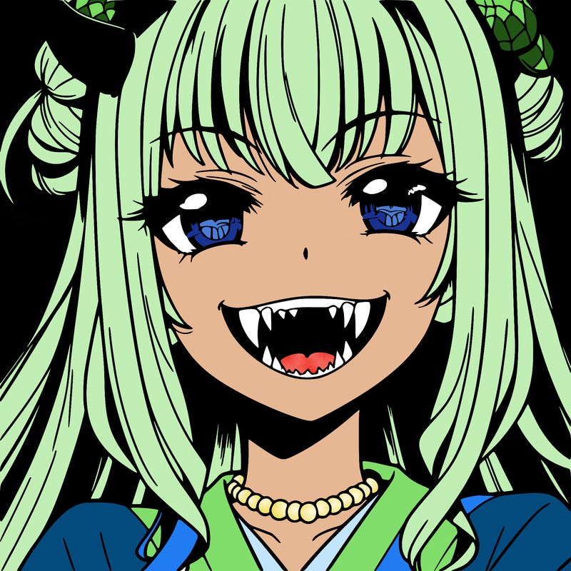 anime girl, vampire teeth,demon slayer themed, evil smile
