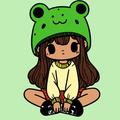 a girl wearing a frog hat and some frog socks