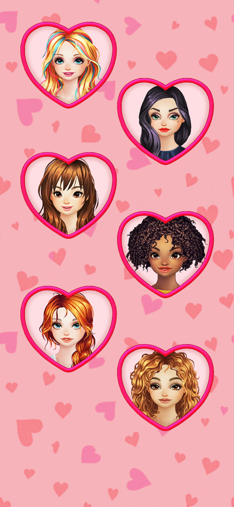 Avatares de personajes femeninos diversos en marcos de corazón para un juego de vestir de moda