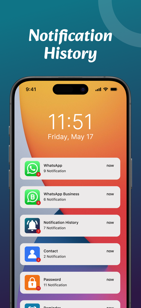 Notification History - Écran de verrouillage de l'iPhone affichant diverses notifications d'applications, y compris WhatsApp et le gestionnaire de mots de passe.