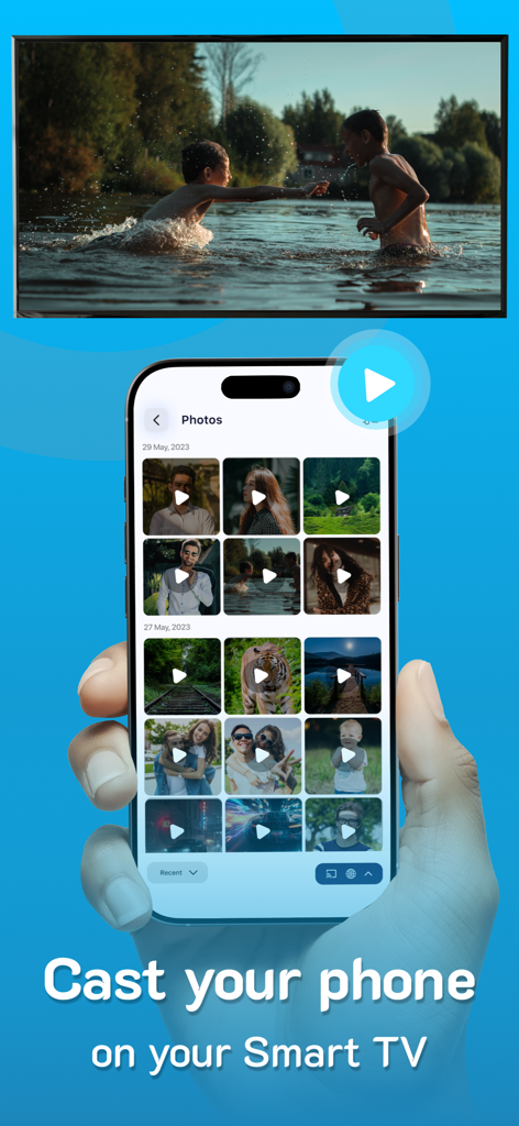 Projector: TV Screen Mirroring - Um iPhone transmitindo um vídeo de sua galeria de fotos para a tela de uma TV inteligente grande