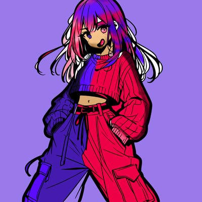 anime teen girl with baggy pants and crop top with sweater