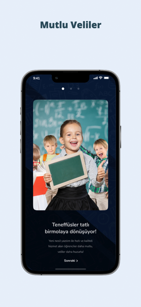 Okulyo - Okulyo school management app displaying happy students in a classroom on an iPhone