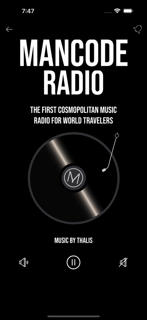 MANCODE Radio cosmopolitan music player interface with vinyl record graphic