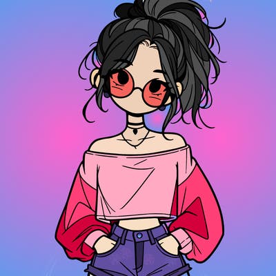 girl with a messy ponytail glasses a baggy crop top and jean shorts