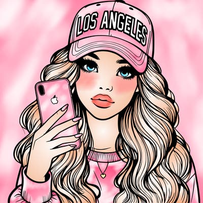 realistic beautiful girl wearing los ángeles cap holding an iphone