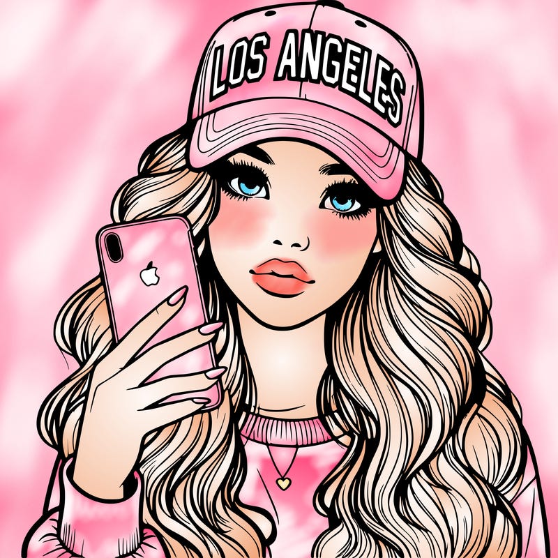 realistic beautiful girl wearing los ángeles cap holding an iphone
