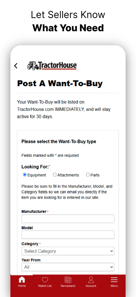 TractorHouse: Farm Equipment - Screenshot of the TractorHouse app showing the form to post a want to buy ad for farm equipment