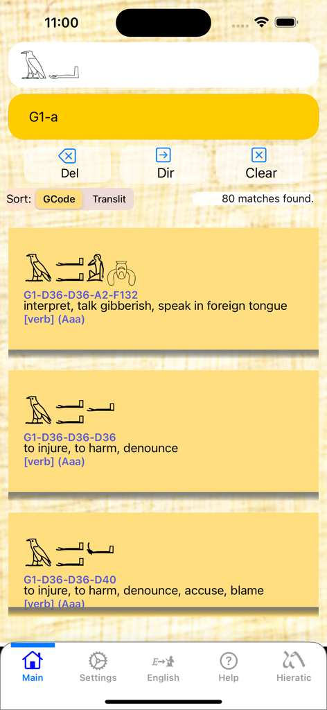 Hieroglyph Pro - Hieroglyph Pro mobile app screen showing a search for ancient Egyptian hieroglyphs with English translations and Gardiner codes