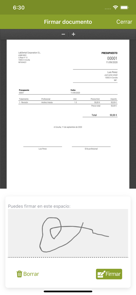 Vevi Clinic - Digital signature feature for signing dental budgets in the Vevi Clinic app