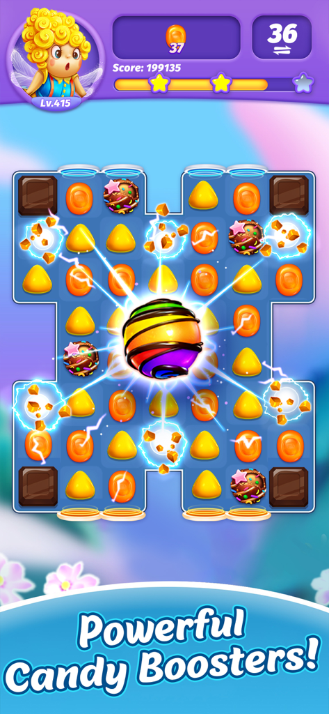 Candy Charming-Match 3 Game - Pantalla de juego de Candy Charming que muestra un potente potenciador de caramelo arcoíris en un tablero de puzles