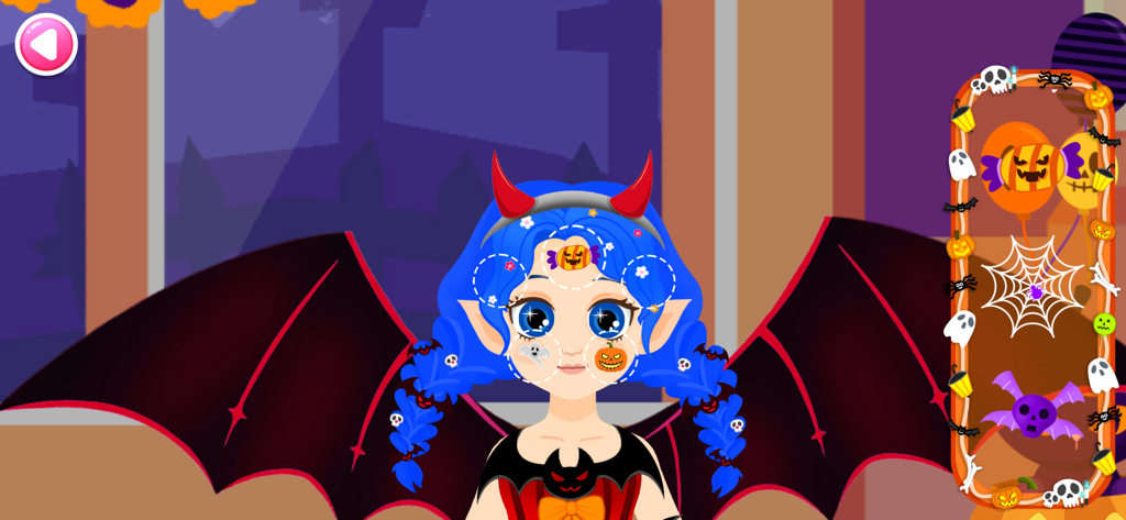 Lucy: Makeup and Dress up - Un personaje con cabello azul y alas de murciélago decorado con pegatinas de Halloween en Lucy Makeup and Dress up.