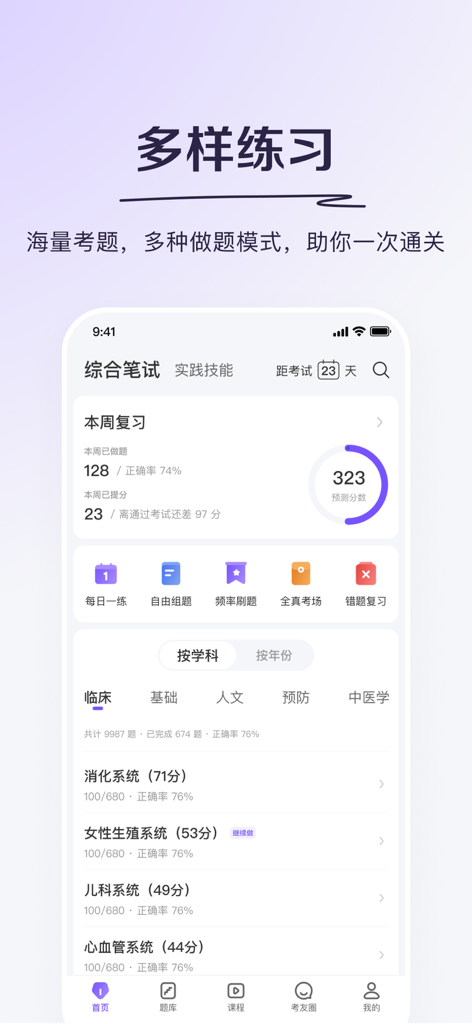 丁香医考-科学轻松过医考 - Interface of the Lilac Medical Exam app showing study progress and medical practice categories