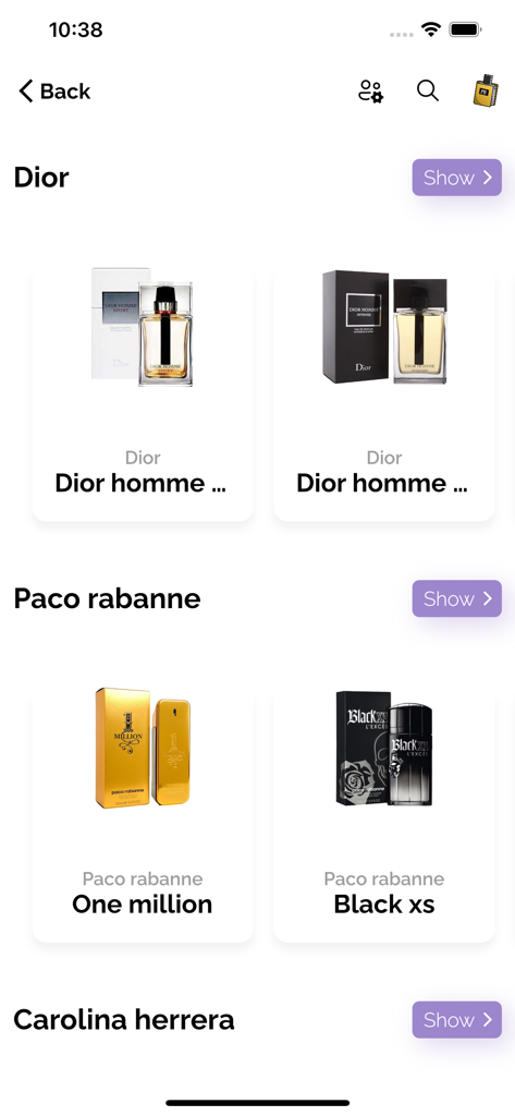 Screenshot der Perfumes Book App, der einen Katalog von Parfummarken wie Dior und Paco Rabanne mit ihren charakteristischen Düften zeigt