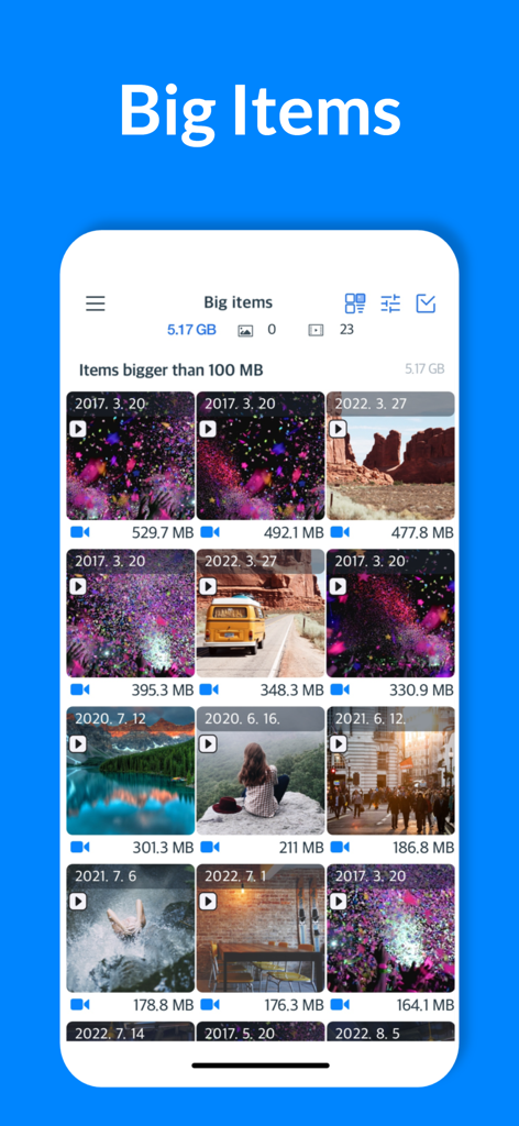 Cleansmith: Photo Cleaner - Aplicativo Cleansmith exibindo uma lista de arquivos de vídeo grandes que ocupam espaço de armazenamento do telefone.