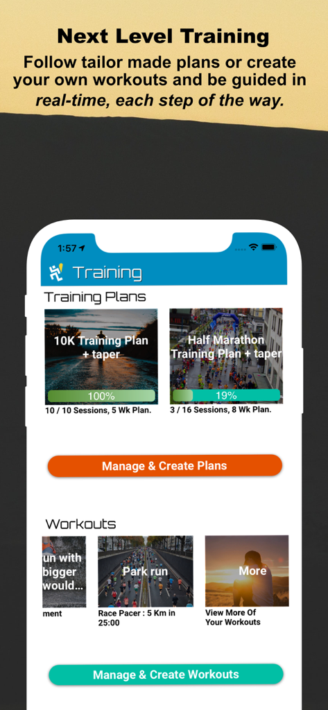 Mobile app screen showing personalized training plans for 10K and half marathon runs with progress bars.