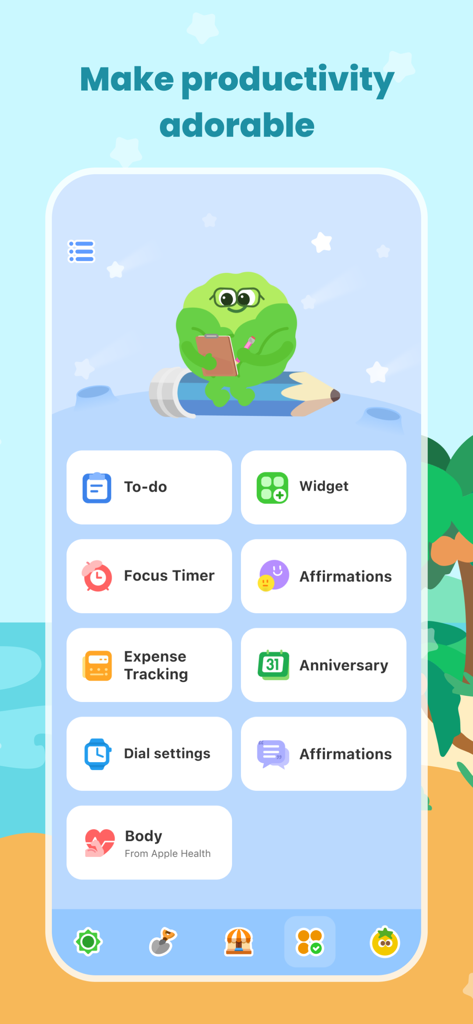 Oberfläche der MeGrow-App, die Produktivitätstools wie To-Do-Liste, Fokus-Timer und Affirmationen mit einer niedlichen Figur zeigt
