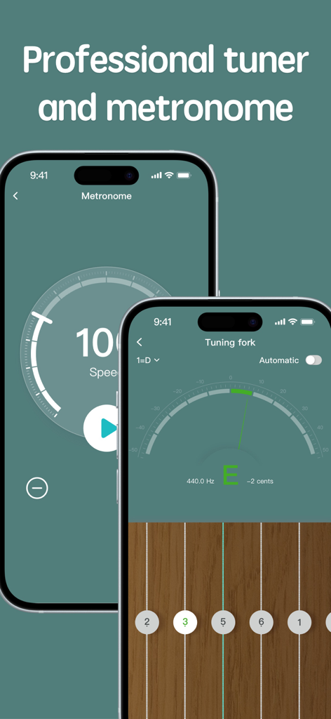 Guzheng-Virtual Zither for All - Smartphone display showing the professional tuner and metronome features of the Guzheng app