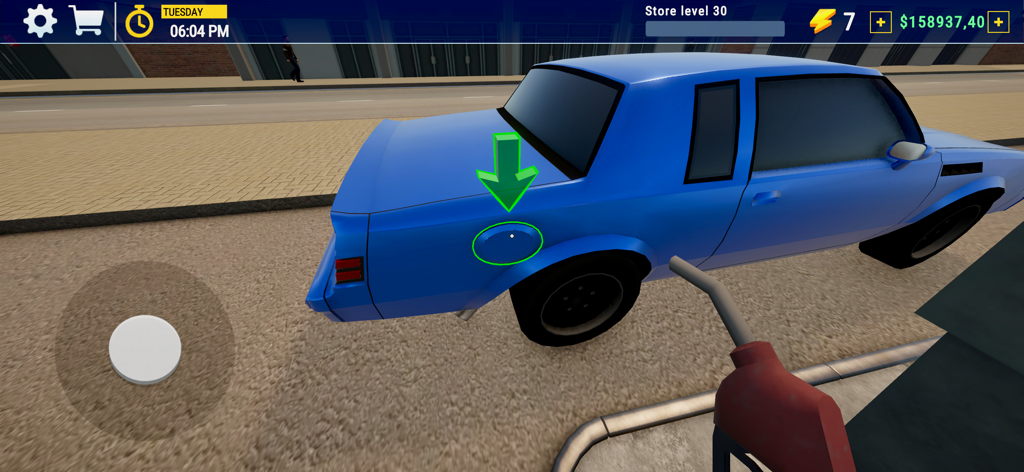 Vista en primera persona de repostaje de un coche azul en una gasolinera en City Gas Station Simulator 3D