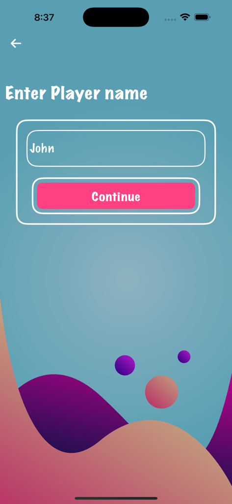 Robz - Robz app screen for entering a player name with a text field and a pink continue button