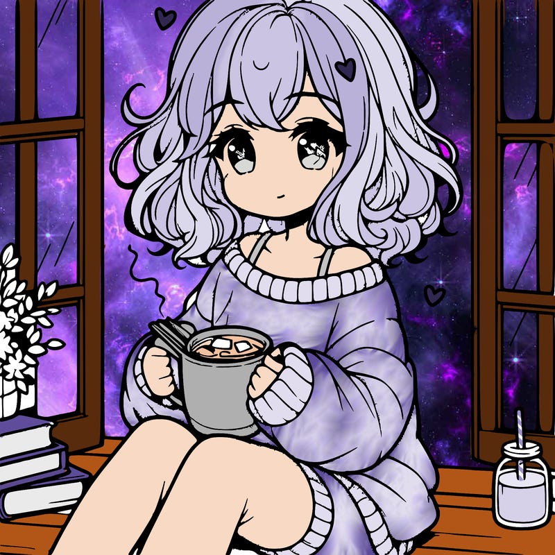 cute anime girl reading book and drinking hot chocolate from mug with loose wavy hair wearing a baggy sweatshirt and shorts sitting by windowsill looking out