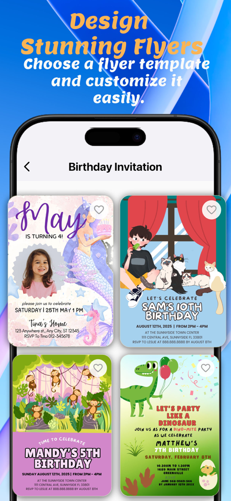 Canvas Template & Design Maker - Interfaz de la aplicación Canvas Template and Design Maker que muestra varias plantillas de invitaciones de cumpleaños para personalizar.