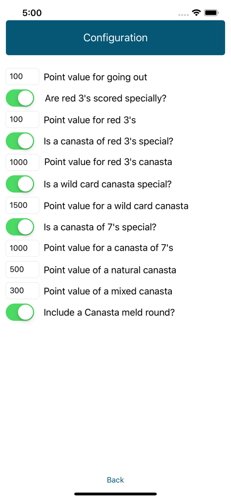 Hand and Foot Calculator configuration screen showing customizable point values and game rules