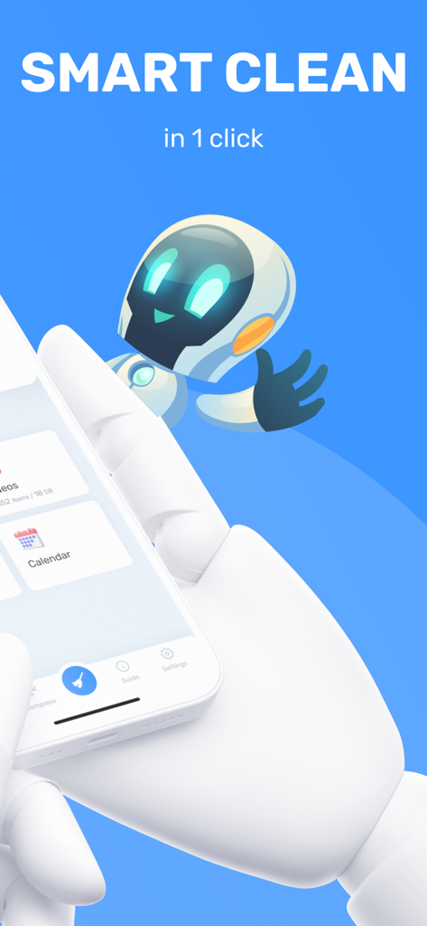 Un robot lindo sosteniendo un teléfono que muestra la función de limpieza inteligente con un solo clic de la aplicación Master Cleaner sobre un fondo azul.