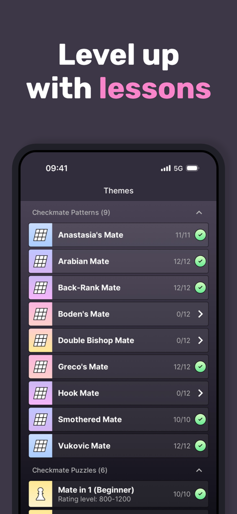 Noctie Chess Trainer - Une liste de leçons sur les schémas de mats d'échecs dans l'application Noctie Chess Trainer.