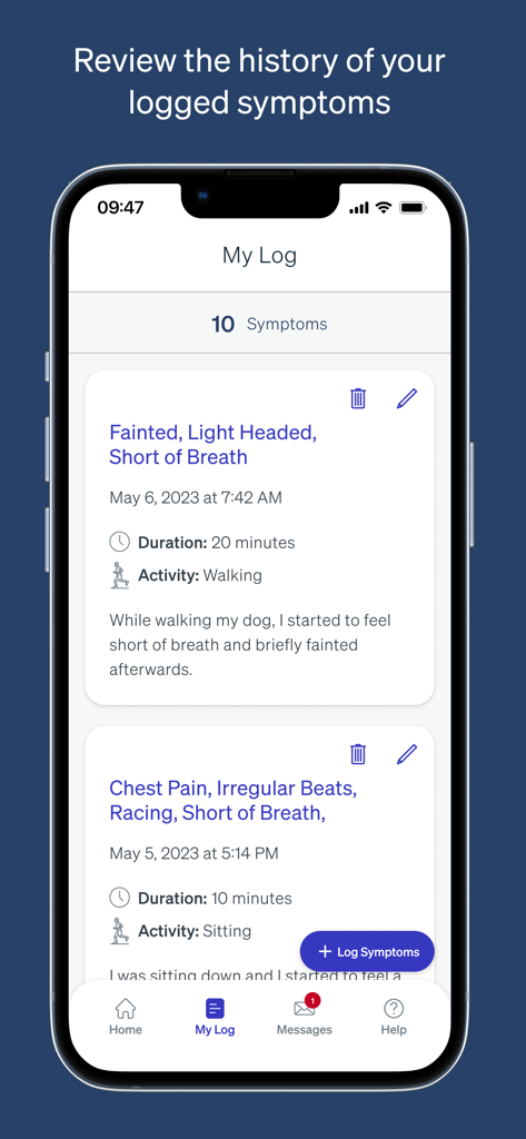 MyZio app interface displaying a history of logged heart symptoms including duration and activity