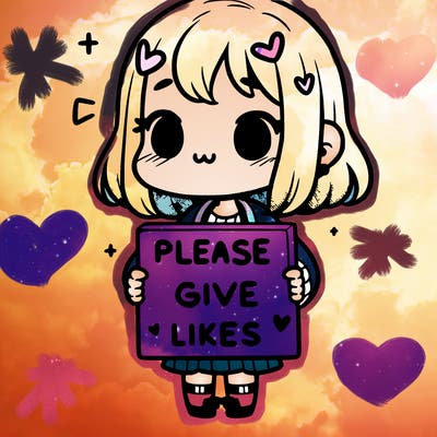 girl holding a sign that says “please give likes”