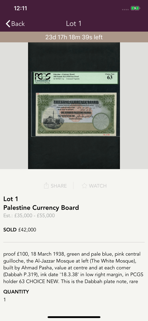 Spink Live - Spink Live app displaying a rare 1938 Palestine banknote sold at auction