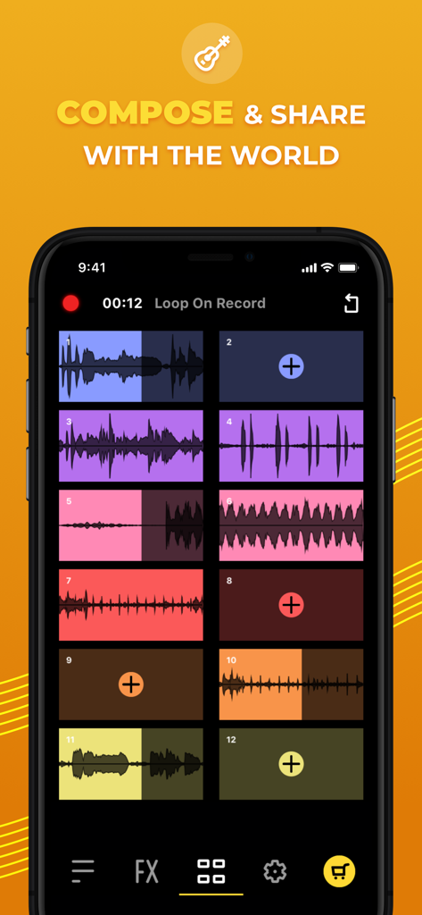 Loop ON-Looper & Jam Recorder - Interfaz de la aplicación Loop ON music looper mostrando una cuadrícula de grabación de 12 pistas con formas de onda de audio multicolores.