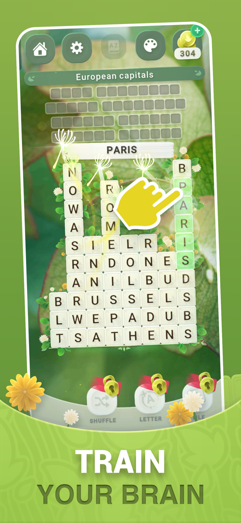 Word search gameplay screen featuring a European capitals theme with a nature background and the text Train Your Brain