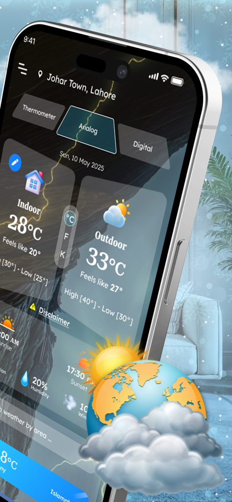 iPhone screen displaying indoor and outdoor temperature readings along with humidity levels in a weather app