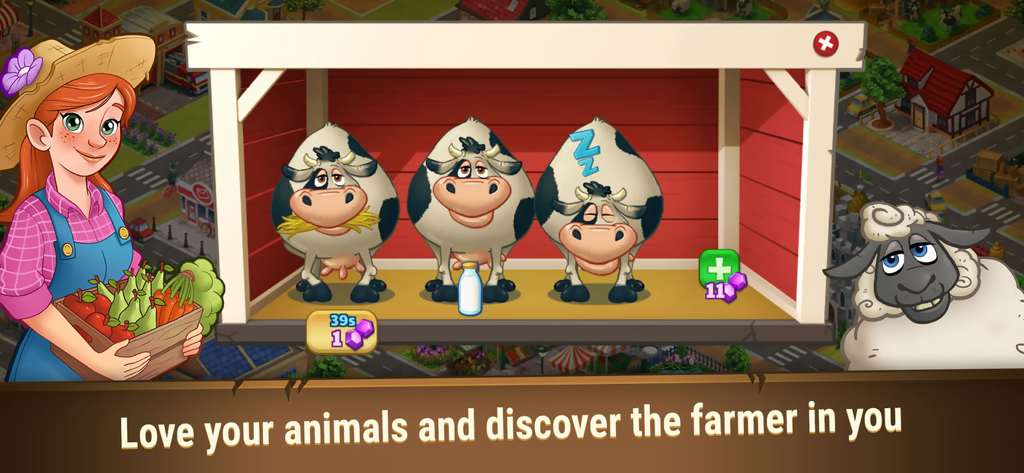 Cartoon farmer girl with fresh vegetables next to cute cows and a sheep in Farm Dream game