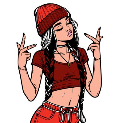 realistic teenage girl with braids and a beanie and crop top doing 🫶🏼