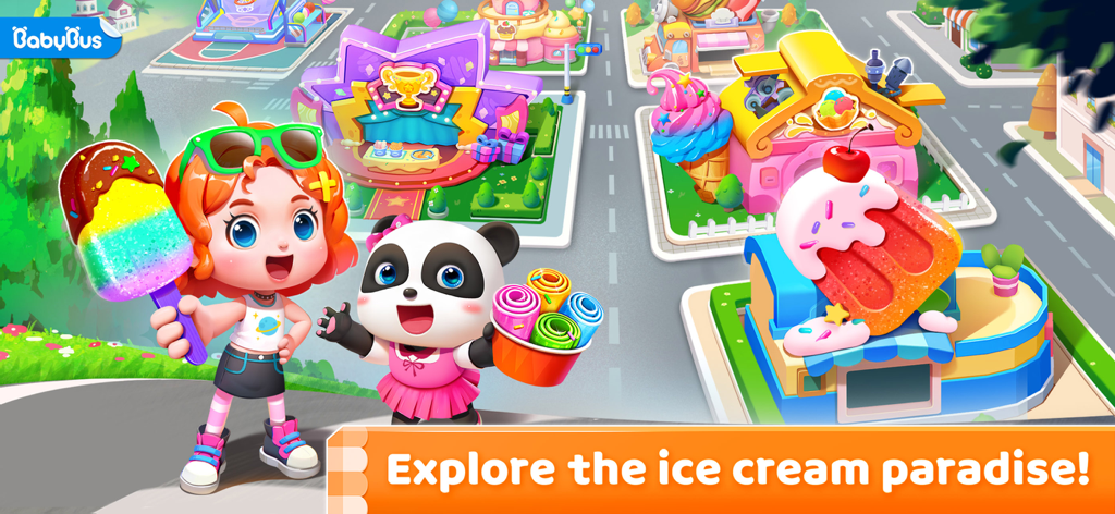 Little Panda e una bambina che tengono in mano dei gelati in una città colorata a tema dolci