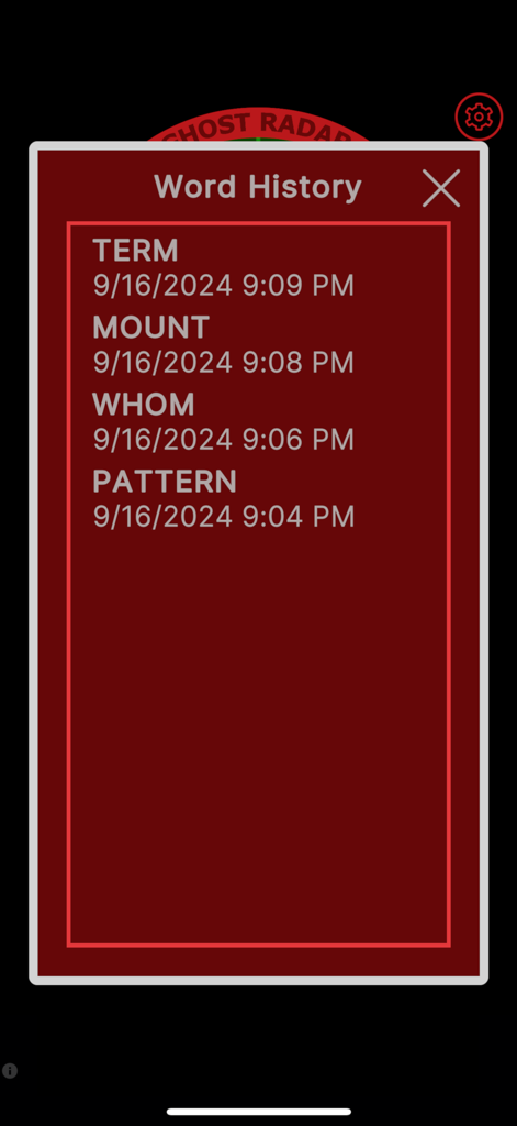 Word history screen in the Ghost Radar Classic app showing a list of detected words with timestamps.