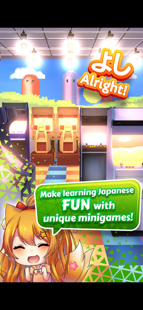 kawaiiNihongo - Learn Japanese - An anime character in a pixel art arcade promoting fun Japanese learning minigames
