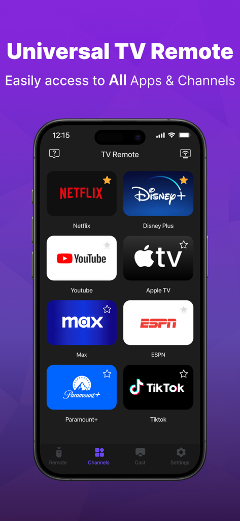 Universelle TV-Fernbedienungs-App-Oberfläche, die ein Raster mit Symbolen beliebter Streaming-Dienste zeigt, darunter Netflix, Disney Plus und YouTube
