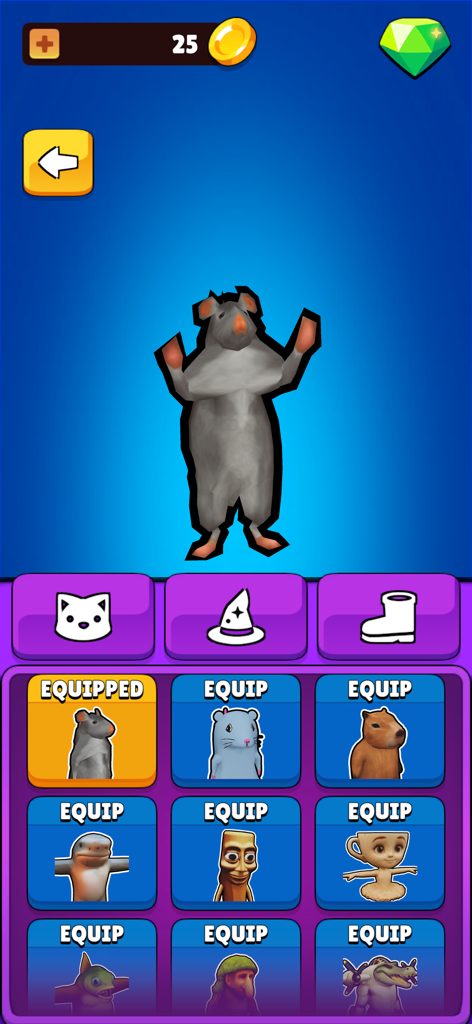 Dancing Rat Meme Generator - The character selection menu in the Dancing Rat Meme Generator app featuring a 3D dancing rat and other viral internet characters.