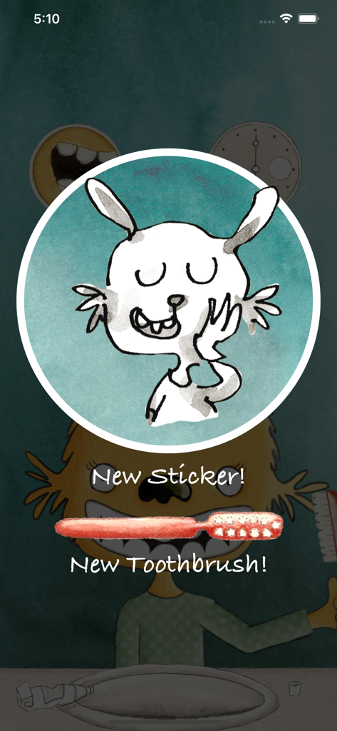 MyTeeth - Reward screen in the MyTeeth app showing a new rabbit sticker and a toothbrush icon for kids