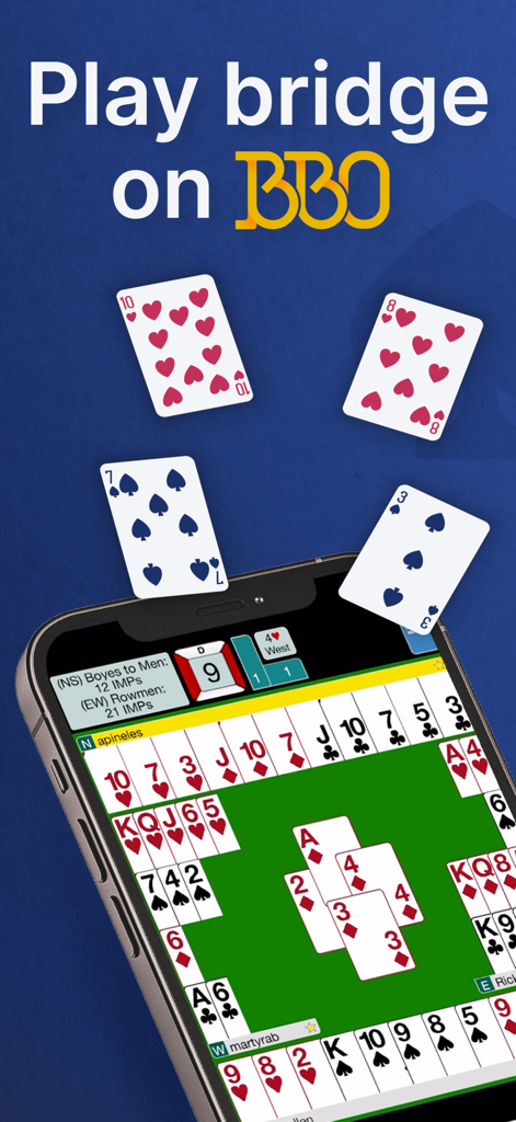 Bridge Base Online - BBO - Una pantalla de smartphone mostrando una partida de bridge en la aplicación Bridge Base Online con cartas y puntuaciones de jugadores visibles