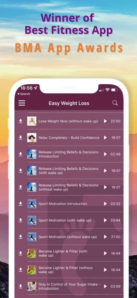 Easy Weight Loss app interface showing various hypnotherapy sessions and an award banner for Best Fitness App.